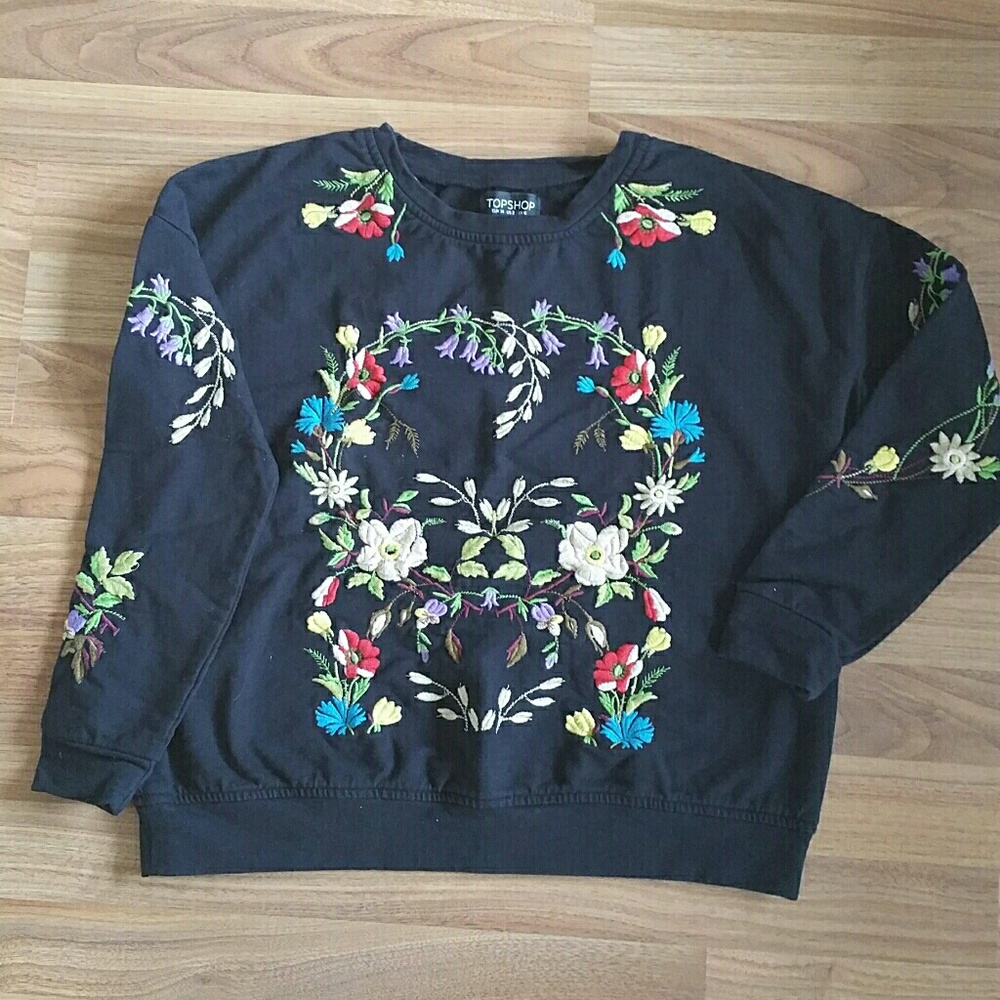 Topshop black embroidered sweatshirt top 2 xs